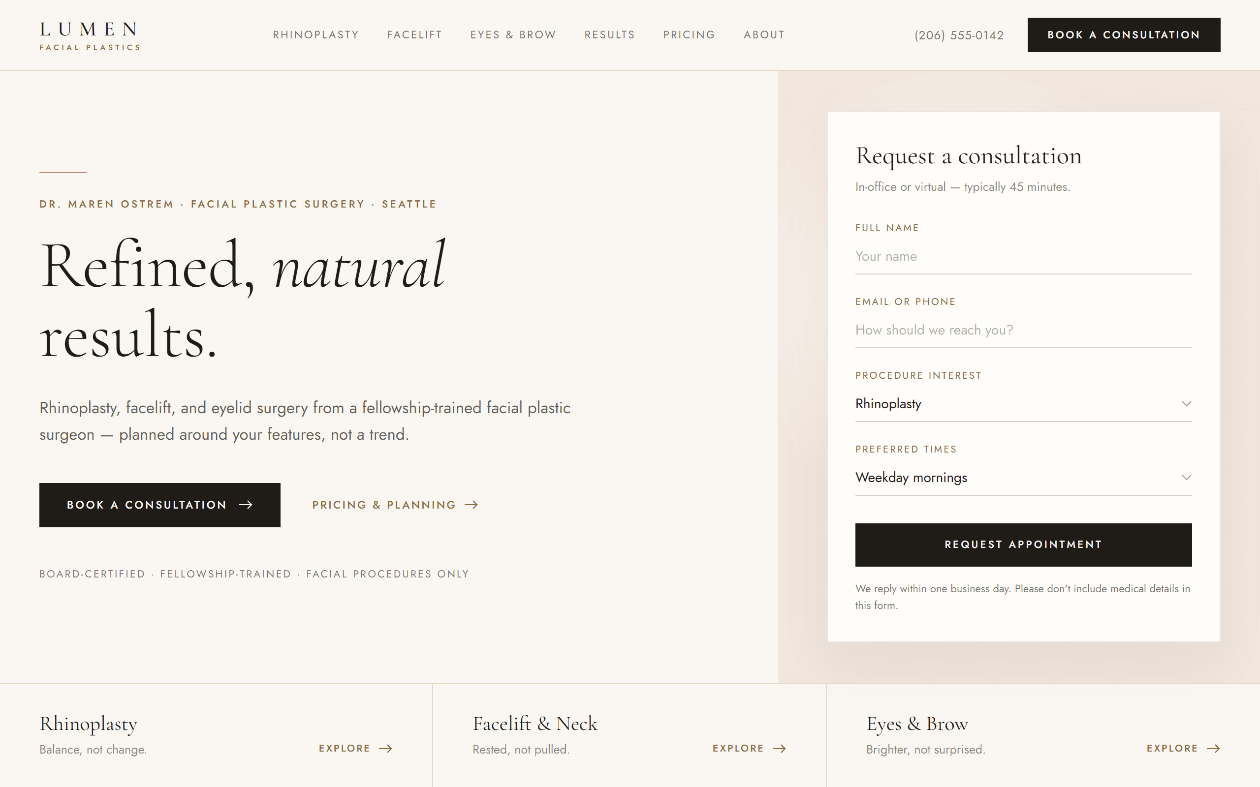 Lumen Facial Plastics — concept homepage design with procedure navigation and consultation booking